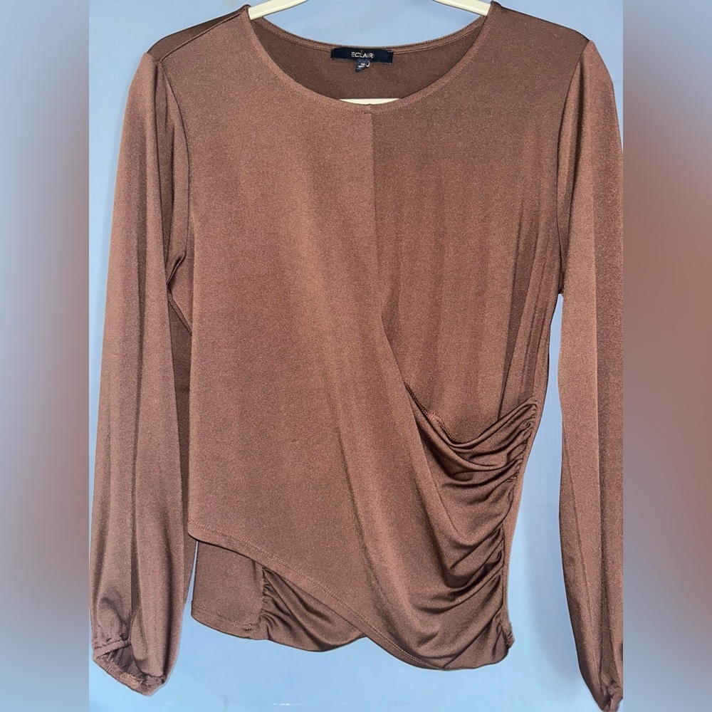 Eclair Draped Side-Ruched Brown Long Sleeve Top Women’s Medium - Picture 4 of 7
